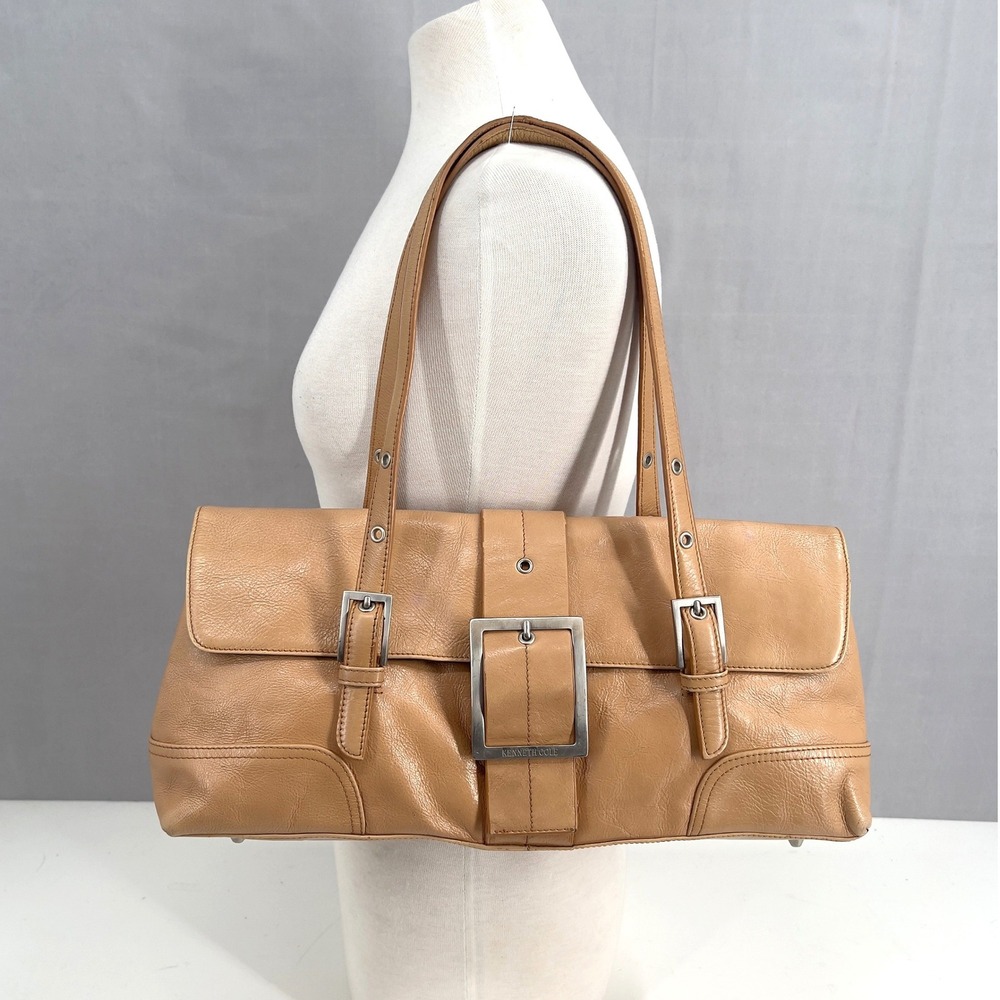 Kenneth Cole Leather Baguette Shoulder Bag Tan Camel Silver Buckle Y2K Vintage